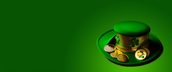 
Banner with bright green hat, gold coins and clover leaves. on green background and wooden texture Saint Patrick's Day concept. Generative AI Illustration - obrazy, fototapety, plakaty