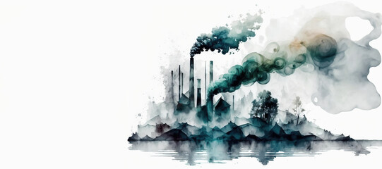 factory building, Carbon Dioxide, Pollution, Chimney smoke, Abstract watercolor illustration, isolated on white, Generative AI