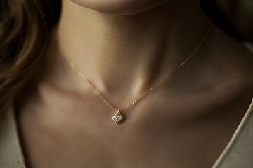 gold necklace with white gemstone - obrazy, fototapety, plakaty