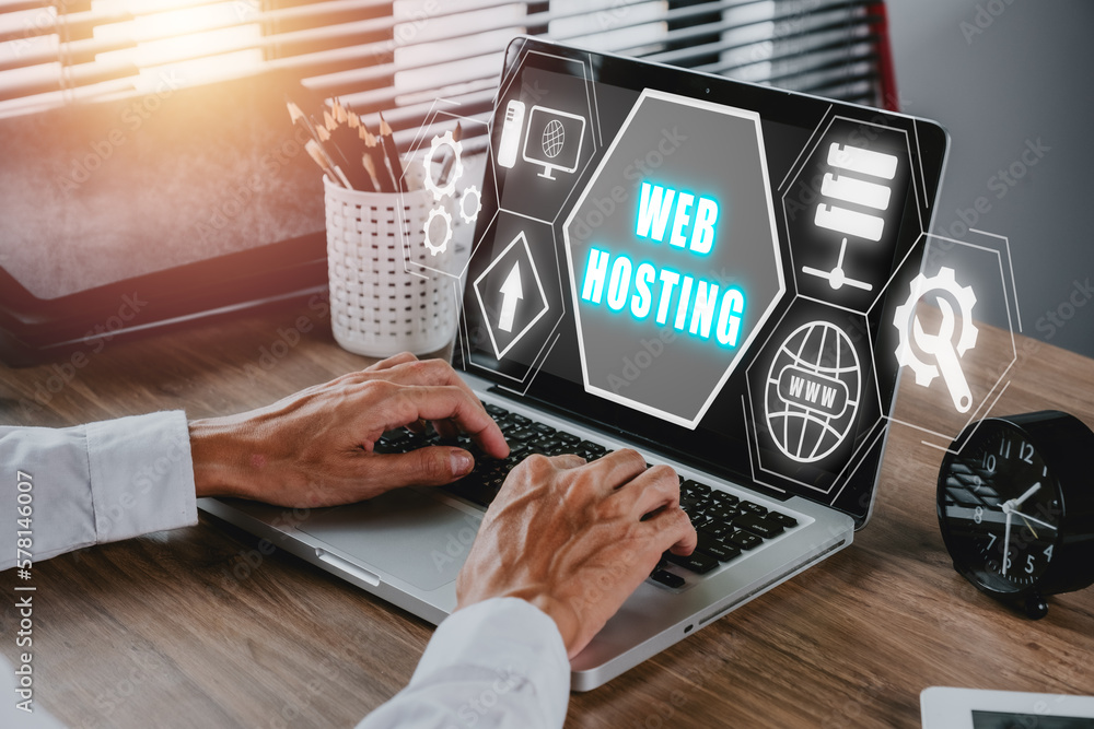 Poster web hosting concept, man using computer and presses his finger on the virtual screen inscription hos