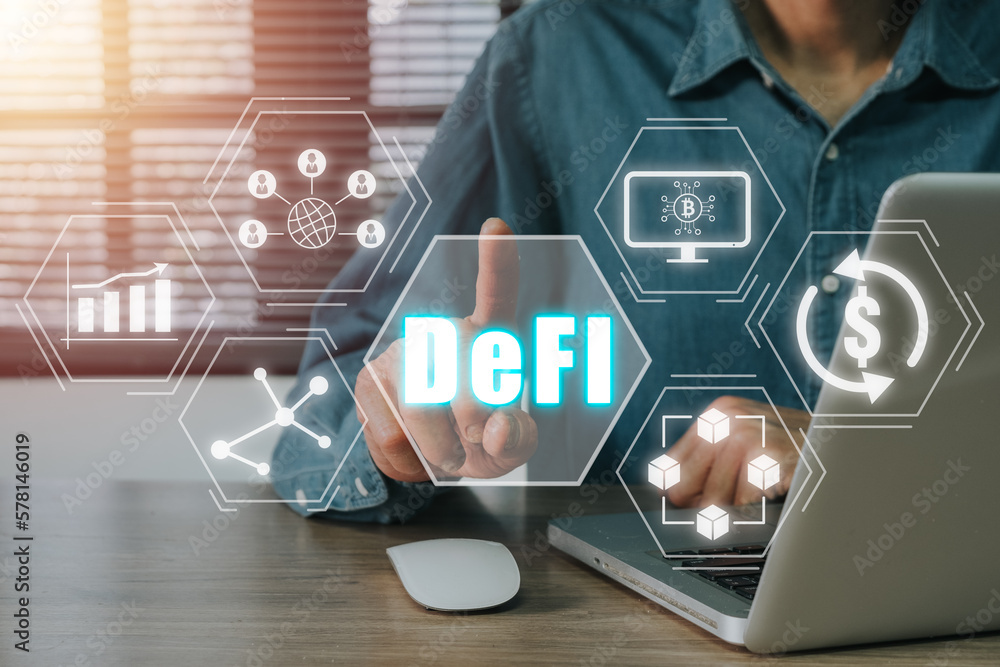 Poster defi, decentralized finance concept, person using laptop computer with hand touching decentralized f