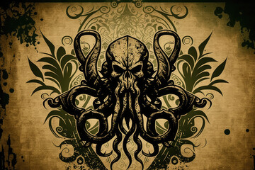 green octopus skull crest printed on parchment