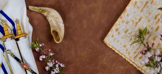 Jewish holiday of Passover is significant celebration is kosher unleavened matzah bread on table
