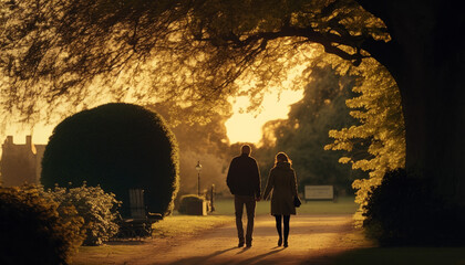 Couple walking in an English countryside park during golden hour. Generative AI