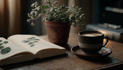 Cup of coffee on a table with a book and a plant. Generative AI