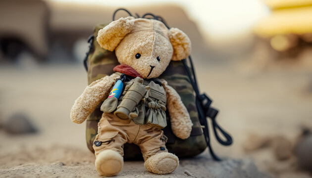 An abandoned teddy bear in a war zone. An Abandoned Teddy Bear Amidst the Rubble of War. digital ai art	
