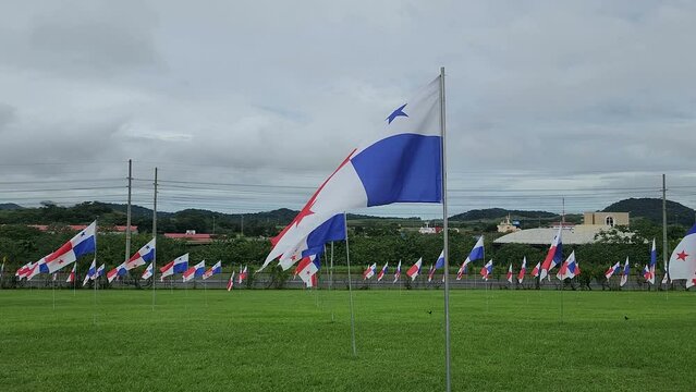 Panama City, City of Knowledge, many Panama flags a green area.