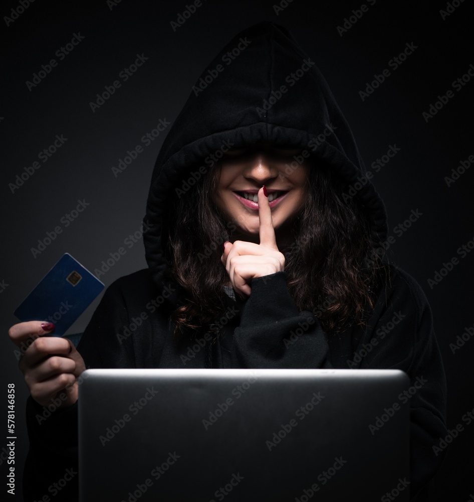 Poster female hacker hacking security firewall late in office