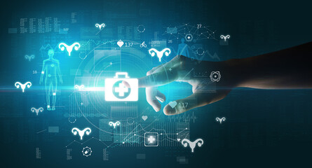 Obraz premium Doctor hand pressing futuristic health device with medical symbol on screen