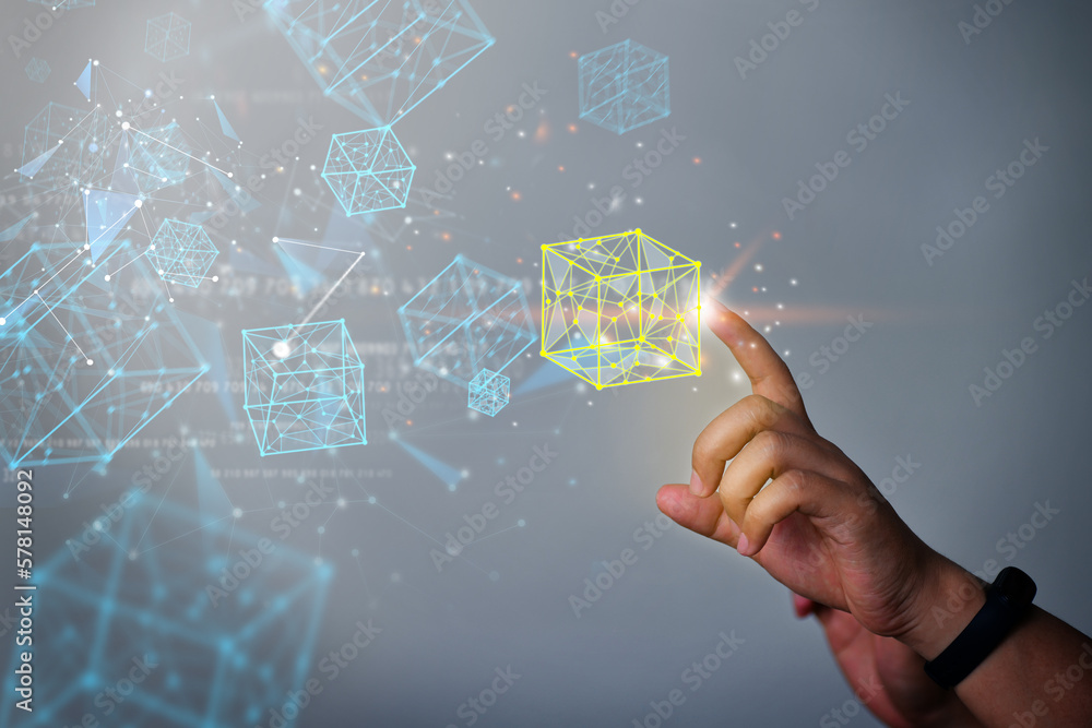 Poster hand touching block chain connection financial technology virtual reality.