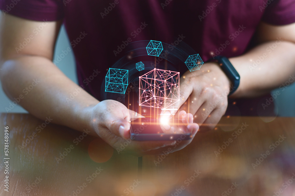 Poster hand touching block chain connection financial technology virtual reality.