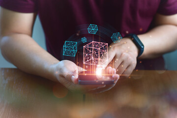 Hand touching block chain connection financial technology virtual reality.
