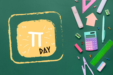 Different school stationery and text PI DAY on green background
