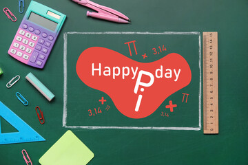 Different school stationery and text HAPPY PI DAY on blackboard - obrazy, fototapety, plakaty