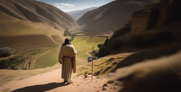 JESUCRISTO CAMINANDO Y OBSERVANDO DESDE LO ALTO DE LAS MONTA&Ntilde;AS HACIA LAS &Aacute;RIDAS TIERRAS DE ISRAEL , PASTOR DE HOMBRES, CONCEPTO DE SEMANA SANTA, DIOS , CREADOR.