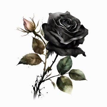 Beautiful black rose flower. Watercolor dark rose on white background. Generative AI art.