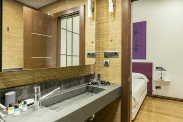Nice modern bathroom with one-piece black marble sink with two-door mirror cabinet and exit to a double bedroom