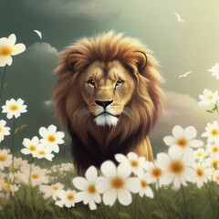 adorable lion stanig in flower or daisy field, ai generated