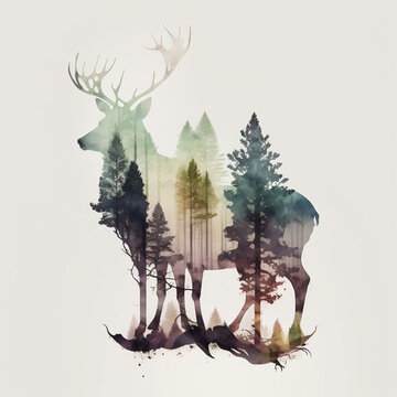 Double exposure dear and forest watercolor