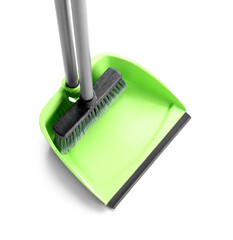 Cleaning broom with dustpan on white background - obrazy, fototapety, plakaty