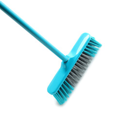 Blue cleaning broom on white background, closeup