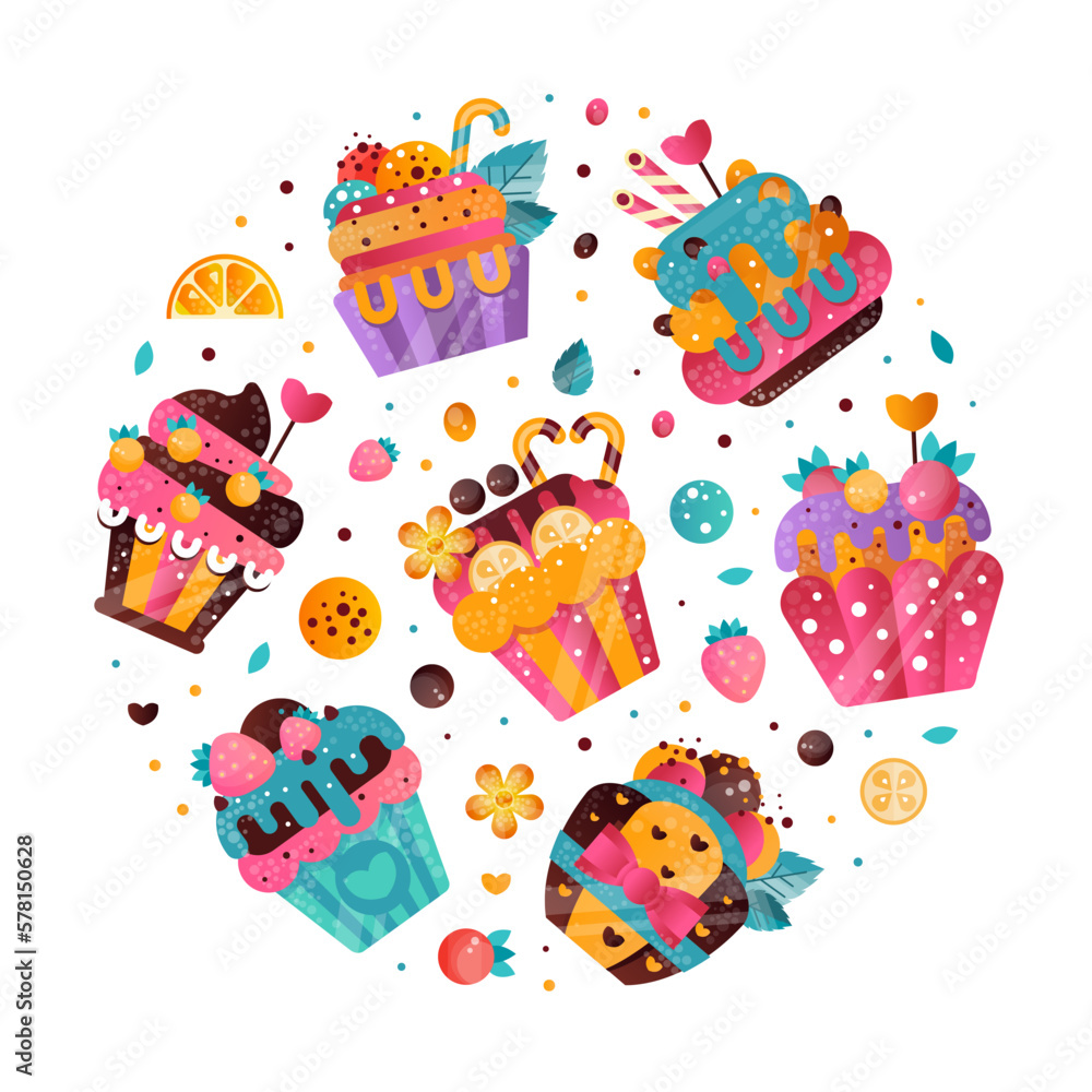 Poster Tasty cupcakes in round shape. Confectionery, bakery shop, cafe banner, poster, card vector illustration