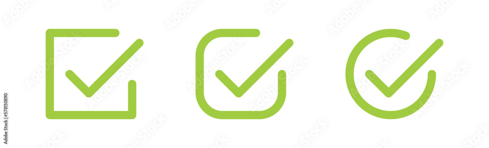Poster check box icon with correct, accept checkmark icons green tick box, check list circle frame - checkbox symbol sign. check mark box square frame