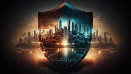 A futuristic image of a city skyline with a digital shield or firewall in the foreground, symbolizing secure digital infrastructure. Generative AI