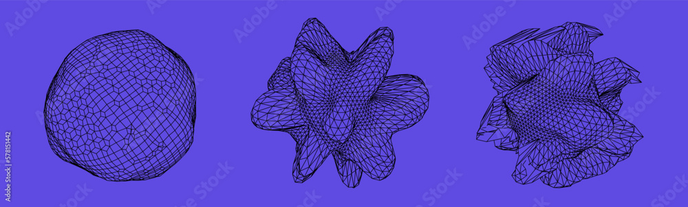 Leinwandbilder Set of abstract vector spheres and blobs made of mesh. Parametric design and generative art elements.