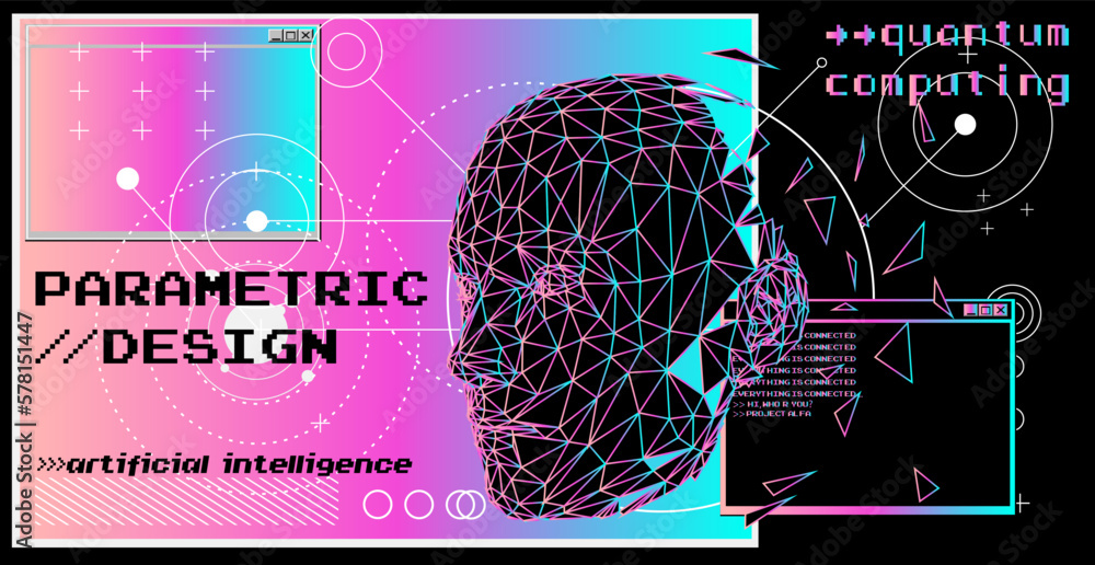 Poster bald woman silhouette made of a wireframe. concept of parametric design and artificial intelligence.