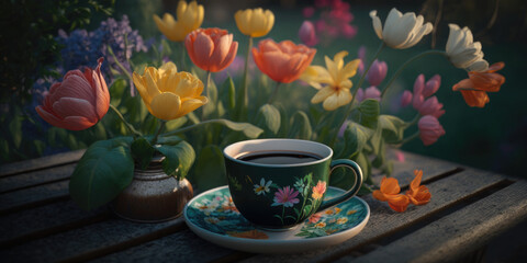 a cup of coffee on a table in a beautiful lush spring garden, generative ai - obrazy, fototapety, plakaty