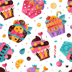 Tasty cupcakes seamless pattern. Wallpaper, textile, background with sweet desserts repeating print flat vector