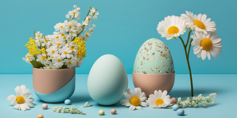 colorful easter eggs with flowers on blue background, generative ai - 578151666