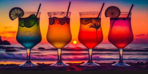 a row of tropical colorful cocktails on a tropical beach at sunset, generative ai