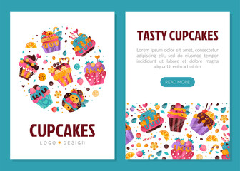 Cupcakes mobile app templates set. Confectionery, bakery shop, cafe promotion landing page. Advertising of tasty desserts vector