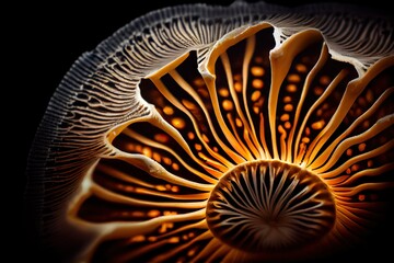 Toxic Beauty - Close-up of Gills of a Poisonous Mushroom on Black Background.
Generative AI.