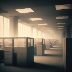 Cubicles in a dusty office space, shot on vintage 2023s, liminal space, haze and dirt, corporate, ambient