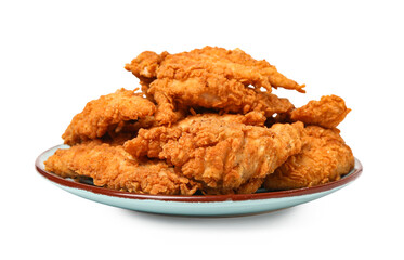Plate of delicious nuggets on white background