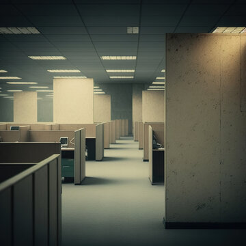 Cubicles In A Dusty Office Space, Shot On Vintage 2023s, Liminal Space, Haze And Dirt, Corporate, Ambient