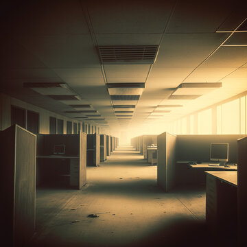 Cubicles in a dusty office space, shot on vintage 2023s, liminal space, haze and dirt, corporate, ambient
