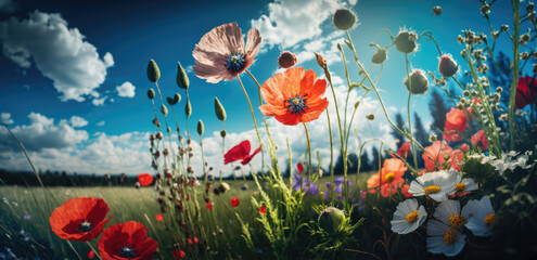 Obraz na płótnie Canvas a spring meadow with colorful wildflowers, generative ai