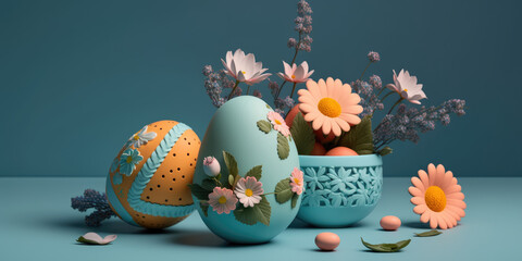 colorful easter eggs with flowers on blue background, generative ai - 578152252