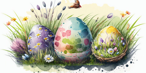 watercolor image of easter eaggs between flowers in the grass, generative ai - 578152262