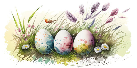 watercolor image of easter eaggs between flowers in the grass, generative ai - 578152267
