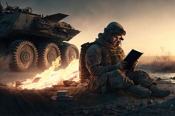 A soldier reading a book on the mud with a tank behind them. Generative AI