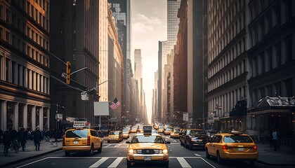 City streets beautify scenes of people with buildings, cars, and skyscrapers USA New York. Generative AI