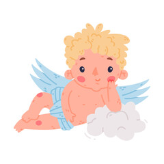 Cute baby Cupid lying on cloud. Adorable blond little boy angel character with wings cartoon vector illustration