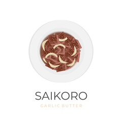 Saikoro Garlic Butter Beef Vector Illustration Logo Served On A White Plate