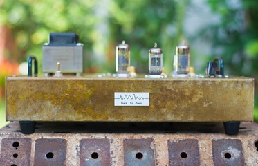 vintage circuit building,Social media, Multimedia speaker, Musical stereo speakers wooden in the interior of a bright room. Musical concept.