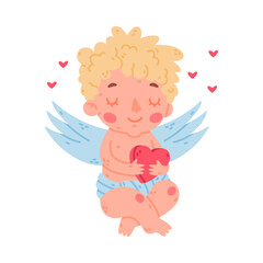 Cute baby Cupid with red heart. Adorable blond little boy angel character with wings cartoon vector illustration